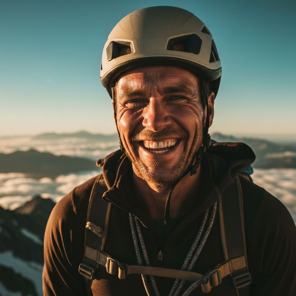 Expert climber at summit after successful ascent